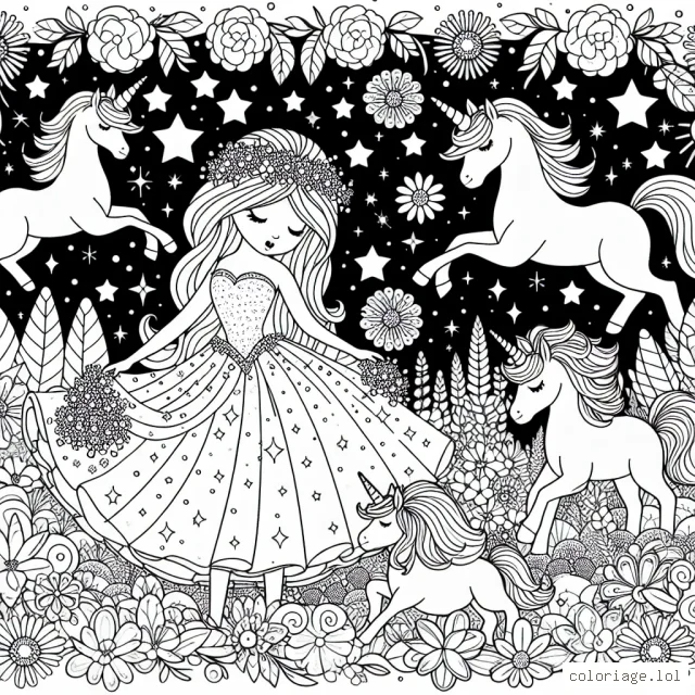 Une princesse fée jouant avec des licornes dans un royaume enchanté rempli de fleurs colorées et d'étoiles scintillantes.