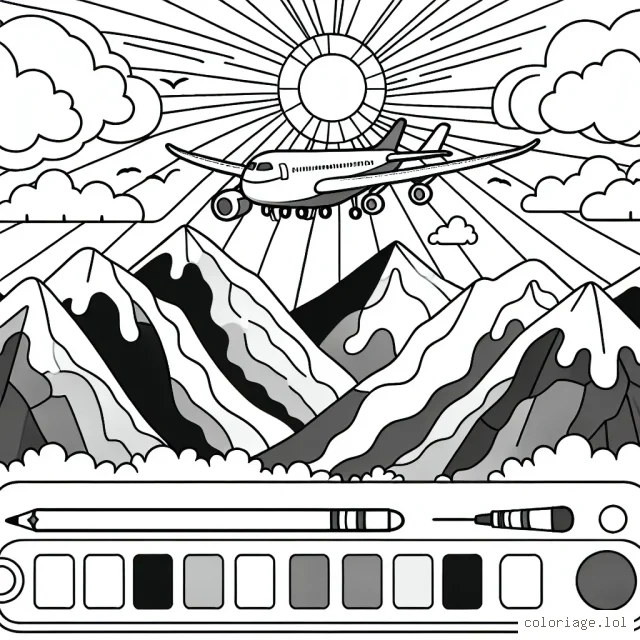 Amuse-toi à colorier un avion en vol au-dessus des montagnes avec un coucher de soleil en arrière-plan.