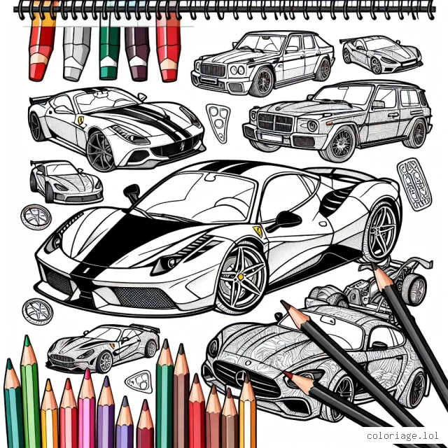 Voici une scène diversifiée de voitures par marque pour réveiller l'artiste automobile en vous. Les marques incluent Ferrari, Audi, BMW, Mercedes, etc. Chaque voiture a des détails uniques pour vous aider à différencier les différentes marques. Préparez vos crayons de couleur et coloriez ces magnifiques voitures à votre goût.