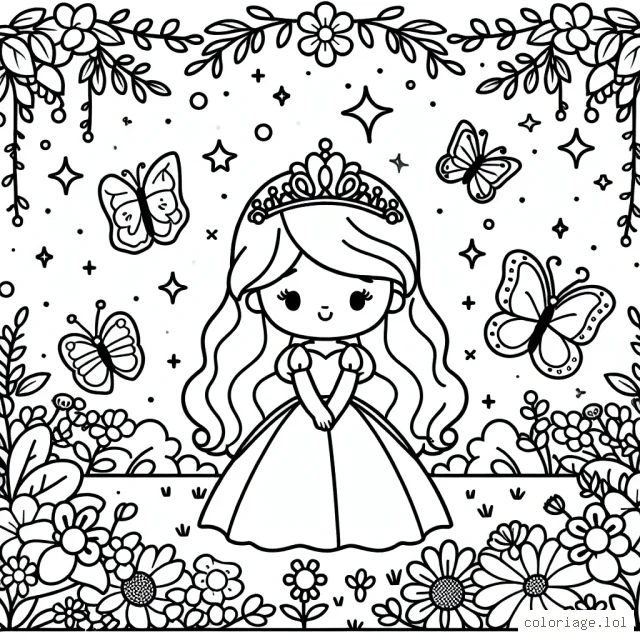 Dessine une belle princesse dans un jardin enchanté rempli de papillons colorés et de fleurs étincelantes.