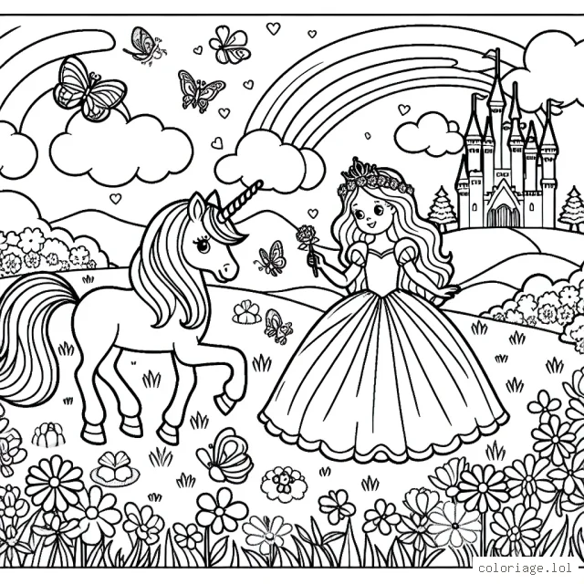Un paysage féerique avec une licorne et une princesse vêtue d'une belle robe, jouant aux côtés dans une clairière fleurie. Inclus également un château majestueux au loin, un arc-en-ciel lumineux dans le ciel et une multitude de papillons et d'oiseaux colorés volant autour d'eux.