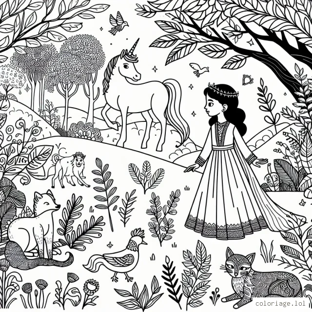 Un conte de fées dans un jardin magique avec une licorne, une jeune princesse et ses amis animaux
