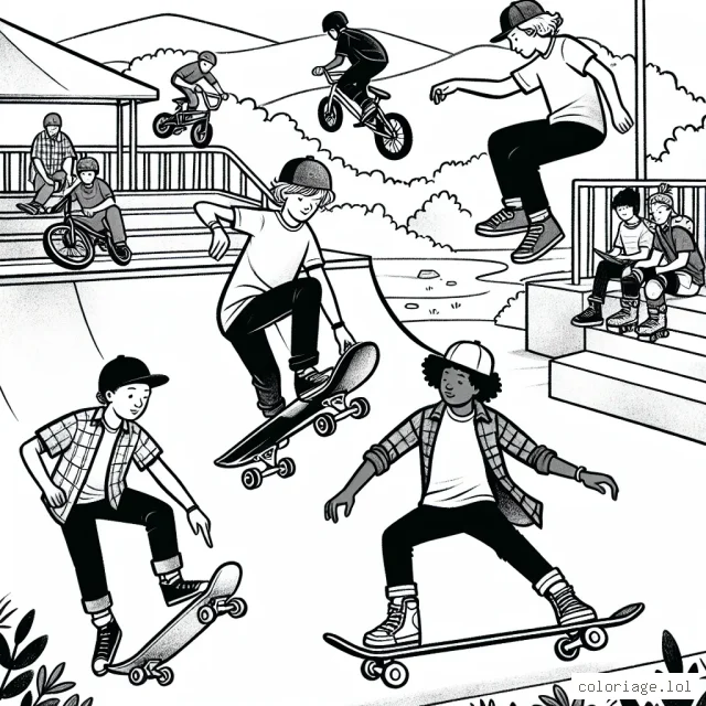 Scène d'un skate park avec des skateboarders, BMX riders et rollerbladers effectuant diverses figures