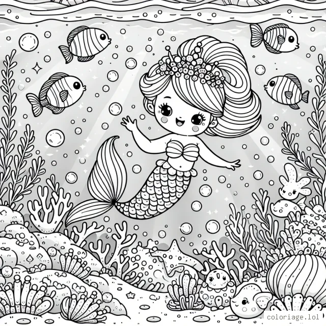 Une petite sirène nage joyeusement avec ses amis les poissons colorés, au milieu des coraux étincelants et des algues dansantes. Son château de coquille nacré, se trouve en arrière-plan, éclairé par la douce lumière filtrée par l'eau de mer.