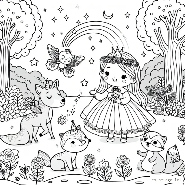 Une petite princesse dans un jardin enchanté avec ses amis les animaux magiques