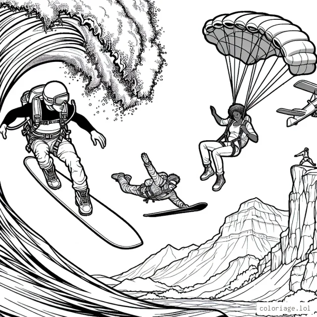 Une scène d'action intense avec un surfeur chevauchant une vague géante, un snowboarder descend un versant de montagne escarpé, un parachutiste en plein saut depuis un avion et un grimpeur suspendu sur une paroi rocheuse.