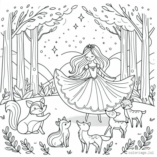 Amuse-toi alors que tu colores ce scénario magique d'une princesse à la longue robe virevoltante qui danse avec ses amis les animaux de la forêt.