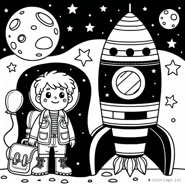 Un jeune explorateur à côté de sa fusée spatiale, prêt pour son voyage vers la lune.