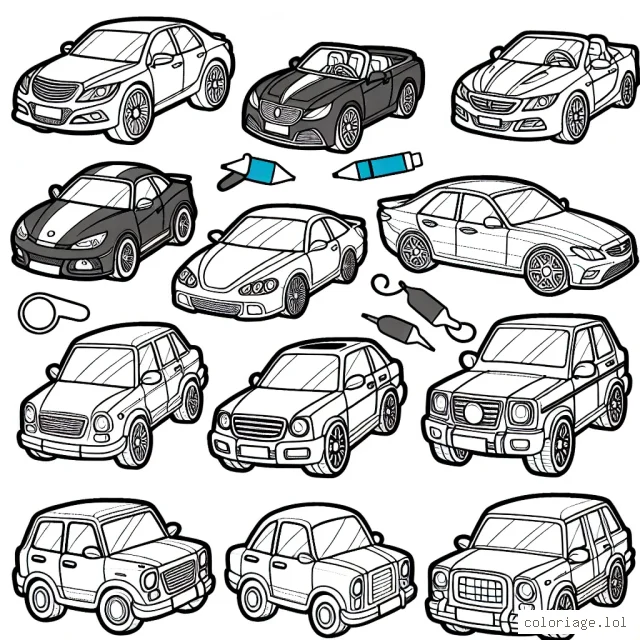 Tu as un livre de coloriage rempli de voitures diverses et variées. Chaque page représente une marque de voiture différente. Pour chaque voiture, colorie le logo de la marque en haut de la page, puis colorie la voiture de ta couleur préférée. N'oublie pas les détails comme les phares, les jantes et les vitres !