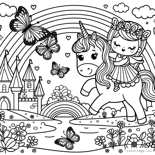 Une petite licorne mignonne joue avec des papillons enchantés dans un paysage de rêve composé d'arc-en-ciel et de château de princesse.