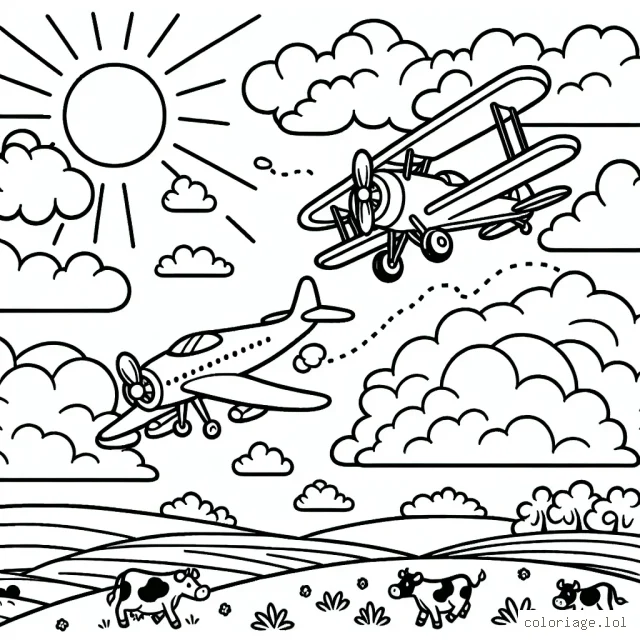 Trace deux avions virevoltant dans les nuages, le premier est un jet rapide et le second est un biplan classique. Ils jouent à se poursuivre entre les nuages sous un grand soleil. N'oublie pas de dessiner un peupleux champ vert avec des vaches qui les regardent passer depuis le sol.