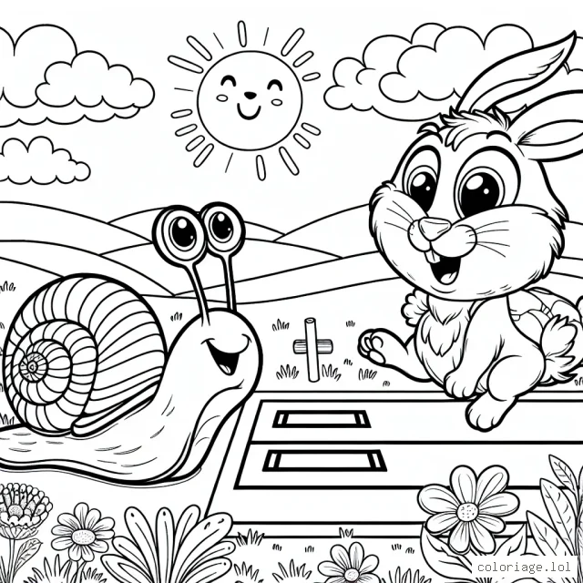 Un escargot portant une coquille multicolore est sur le point de franchir la ligne d'arrivée d'une course excitante contre un lièvre qui semble surpris. Le décor comprend une belle prairie, des fleurs, un ciel bleu avec le soleil souriant.