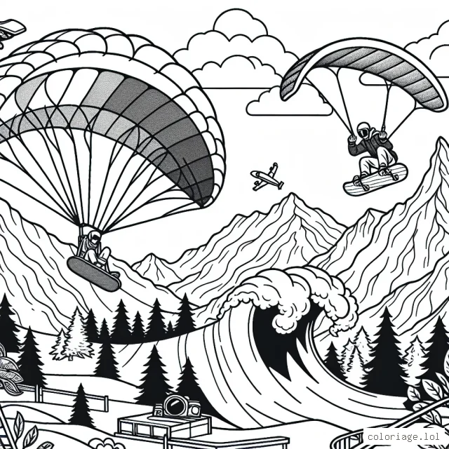 Un parapentiste s'élance d'une grande montagne, un skateur exécute une figure étonnante dans un skatepark et un skieur fait du hors-piste dans une forêt enneigée. Au centre, un surfeur attrape une grande vague pendant qu'un snowboardeur saute par-dessus un obstacle