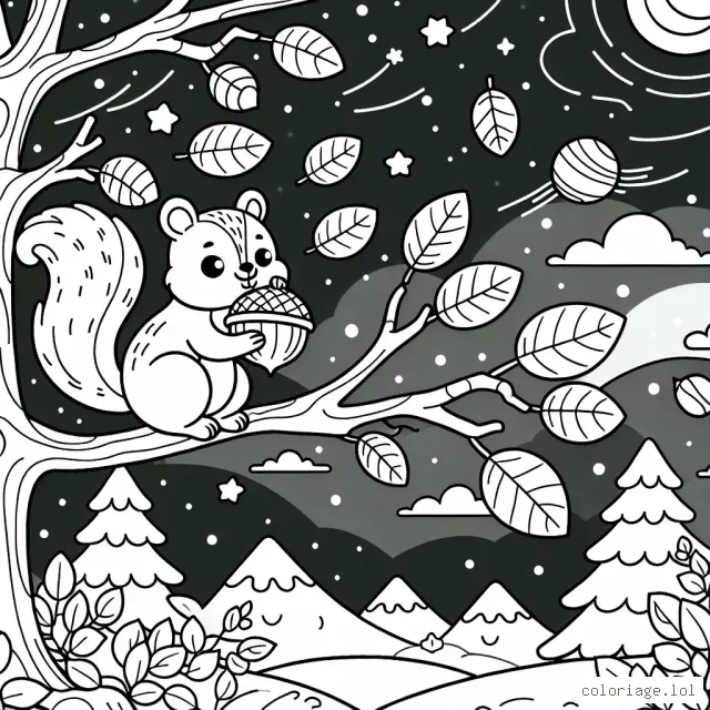 Une scène d'une bande dessinée inspirée de la nature montrant un écureuil qui grignote une noisette assis sur une branche d'arbre pendant que les feuilles dansent autour de lui à cause du vent. En arrière-plan, une montagne enneigée fait briller le ciel étoilé
