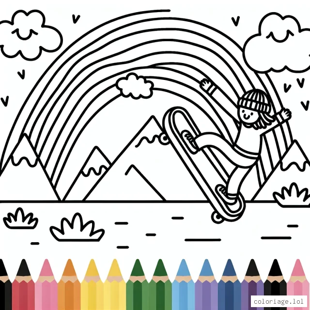 Un skateur sautant au-dessus de l'arc-en-ciel entouré de montagnes