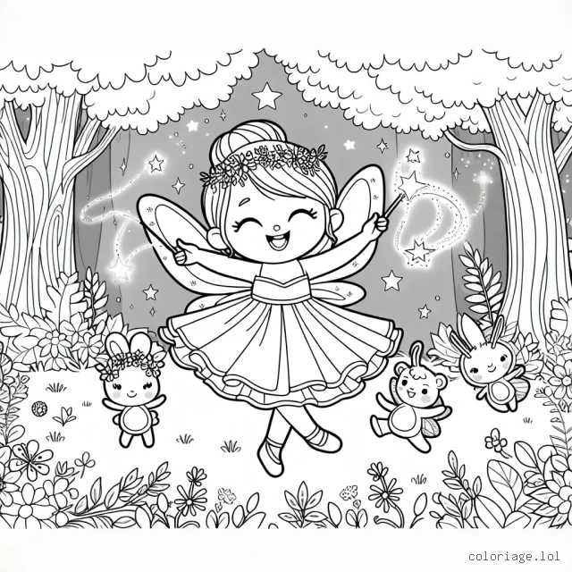 Une petite fée princesse danse joyeusement dans une forêt enchantée, entourée de ses amis les animaux magiques. Elle porte une belle robe brillante et tient une baguette magique. Les arbres de la forêt sont grands et majestueux, avec des fleurs et des feuilles à décorer.