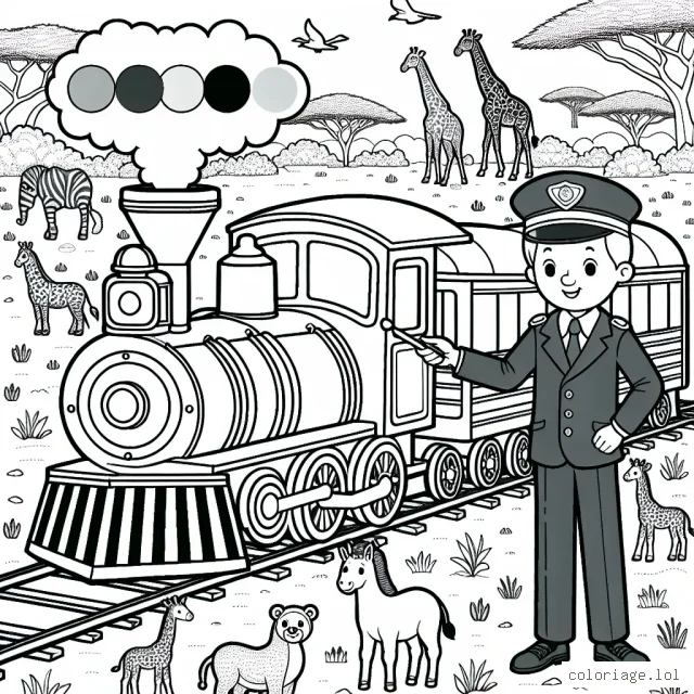 Un chef de train à vapeur avec des animaux sauvages en arrière-plan dans la savane africaine.