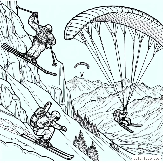 Sur une montagne vertigineuse, des sportifs sont en plein effort. Dessine un skieur qui dévale une pente enneigée, un grimpeur qui escalade une paroi rocheuse et un parapentiste qui vole dans les airs. N'oublie pas de colorier les équipements de sécurité !