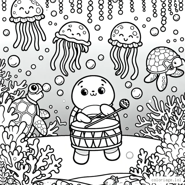 Une fête sous-marine animée avec des méduses lumineuses, des tortues jouant des tambourins et des poissons arc-en-ciel jouant à cache-cache parmi les coraux.