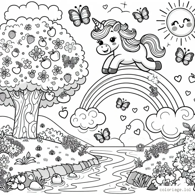 Sur une belle journée ensoleillée, une jolie petite licorne saute par-dessus un arc-en-ciel. Dans le ciel, on aperçoit quelques papillons virevoltant autour de belles fleurs flottantes. Au sol, des arbres fruitiers sont pleins de fruits mûrs à cueillir, et quelques petits oiseaux chantent gaiement sur les branches. Un ruisseau cristallin coule non loin, ajoutant à l'atmosphère sereine et joyeuse de la scène.