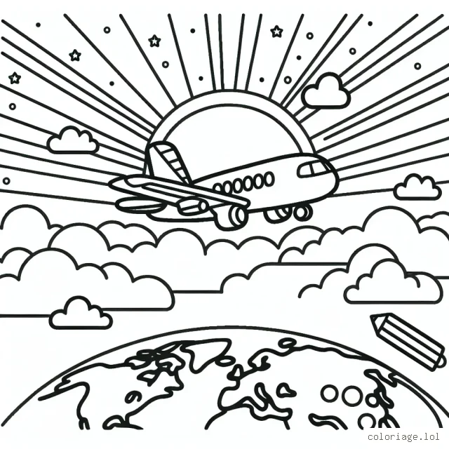 Un avion survolant le monde aux cieux colorés
