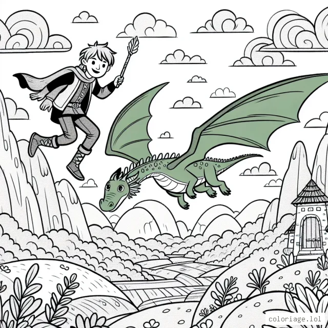 Un petit garçon chevauchant un dragon vert en plein vol au-dessus d'un paysage fantastique à colorier