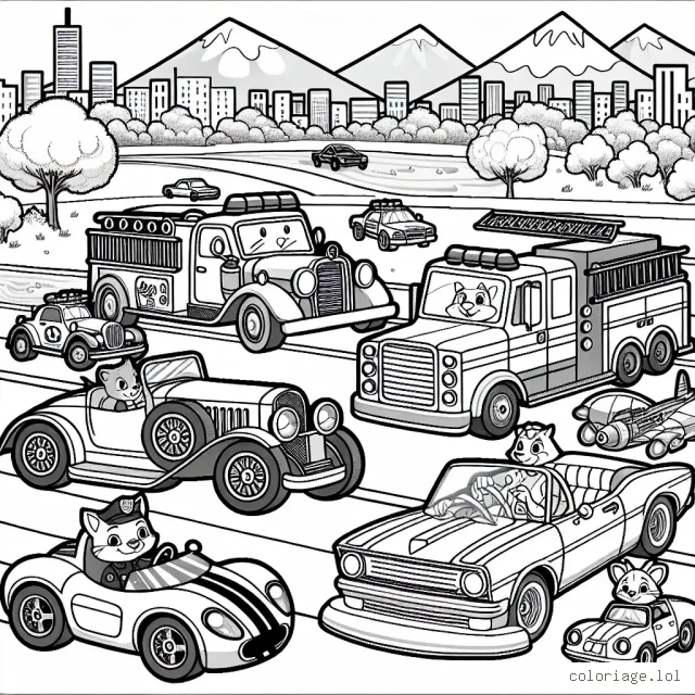 Imaginez un assortiment dynamique de voitures de différents types et époques, incluant une voiture de course, une voiture de police, un camion de pompiers, une voiture classique et une voiture futuriste. Les voitures sont situées sur une route pittoresque bordée d'arbres, de lumières de la ville, avec des montagnes au loin. Ajoutez une touche d'amusement en plaçant des personnages d'animaux anthropomorphiques comme pilotes.