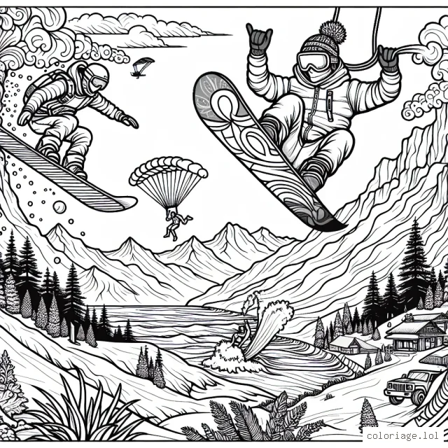 Sur une feuille blanche, imagines une scène haute en couleur avec un snowboardeur réalisant un saut incroyable au-dessus des montagnes enneigées, un surfeur domptant une vague géante et un parachutiste atterrissant dans un endroit exotique. N'oublie pas de donner de la personnalité à tes personnages !