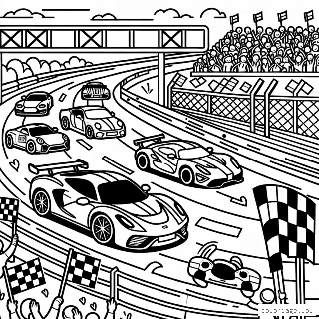 Une scène dynamique de course de voitures avec différentes voitures de sport sur une piste de course, comprenant également des panneaux routiers et des gradins remplis de supporters.