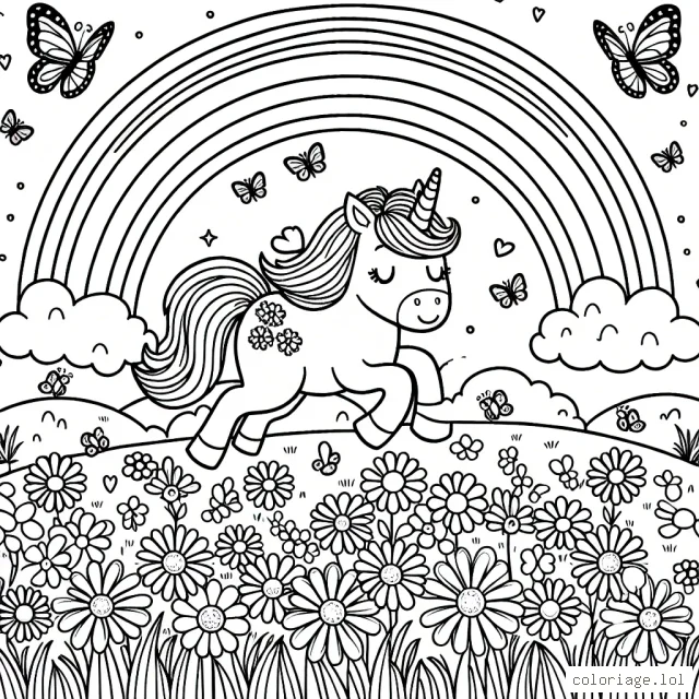 Un paysage féérique où une licorne Daisy joue dans un champ de fleurs avec des papillons, un arc-en-ciel brillant à l'arrière-plan.