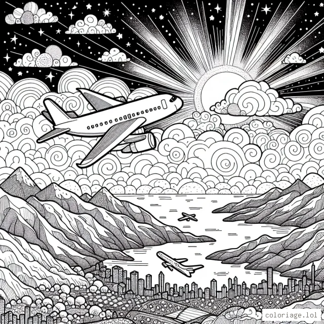 Imagine un avion volant haut dans le ciel parmi les nuages. Autour de lui, il y a d'autres avions de différentes tailles et formes. Au-dessous se trouve la terre avec des montagnes, des mers et des villes éclairées qui ressemblent à des bijoux étincelants. Le soleil se couche à l'horizon, créant un éventail éblouissant de couleurs chaudes.