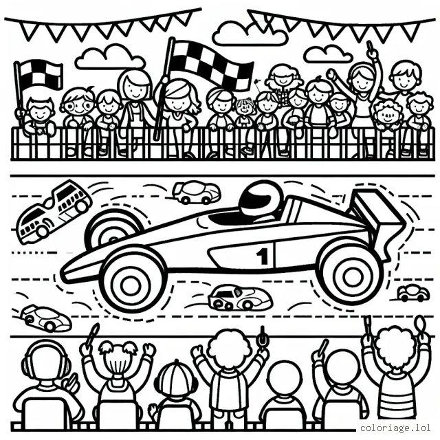 Dessinez une scène de course de voitures avec une foule de supporters joyeux dans les gradins.