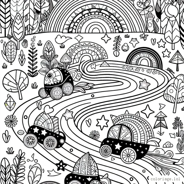 Un défilé de voitures fantastiques sur une route arc-en-ciel en plein cœur de la forêt magique. Chaque voiture a des roues géométriques uniques et les formes des voitures varient de manière créative, certaines ressemblant à des animaux, d'autres à des plantes, ou des étoiles.