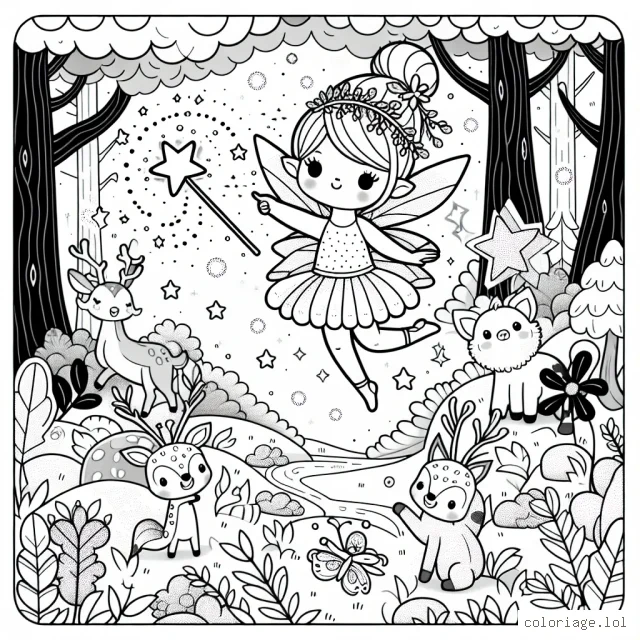 Une fée magique vole dans la forêt enchantée, entourée d'animaux mignons. Elle étend sa baguette magique en forme d'étoile qui dégage des étincelles. Elle est également entourée de fleurs aux différentes formes et de magnifiques arbres.