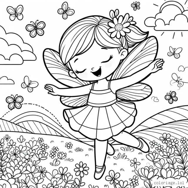 Dessine une jolie petite fée qui virevolte gaiement au-dessus d'un champ de fleurs multicolores sous un merveilleux ciel de printemps.