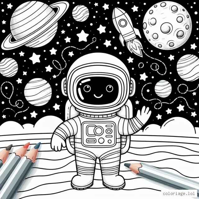 Ensemble, partons à l'aventure dans l'espace! Peux-tu aider notre astronaute dessiné à compléter sa mission en coloriant le magnifique paysage spatial qui se trouve devant lui ?