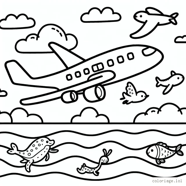 Dessine et colorie un avion de ligne survolant la mer avec à son bord des animaux.