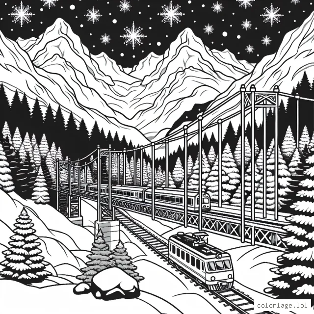 Un train voyageant à travers des montagnes enneigées et passant par un pont suspendu, avec un ciel nocturne étoilé en arrière-plan.