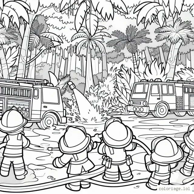Dessinez une brigade de petits pompiers courageux éteignant un grand feu dans la jungle avec leurs camions de pompier et leurs équipements.