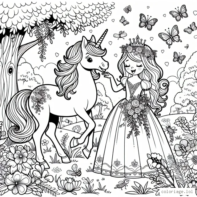 Une princesse joue avec son licorne dans un jardin enchanté.