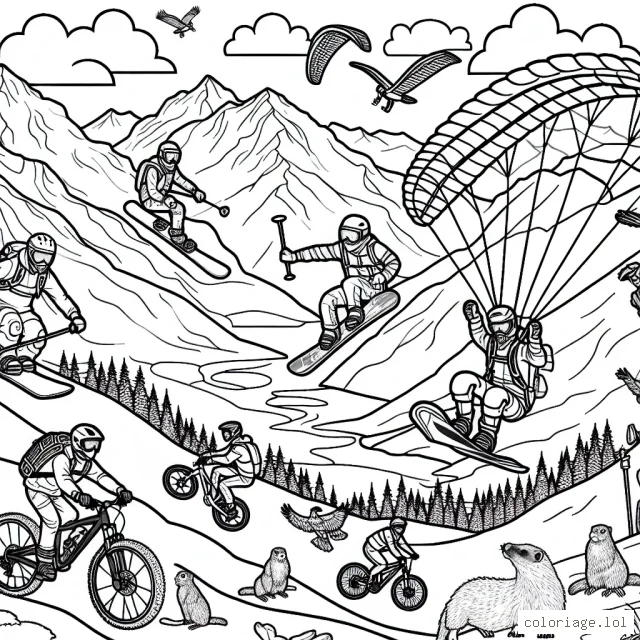 Imaginez un paysage de montagne avec des snowboarders qui descendent les pentes abruptes, des parapentistes qui volent au-dessus des cîmes et des vététistes qui dévalent les sentiers tortueux. N'oubliez pas de dessiner les casques, les protections et les équipements sportifs spécifiques aux sports extrêmes. Aussi, dessinez quelques animaux de montagne, comme les marmottes et les aigles, observant ces humains audacieux.
