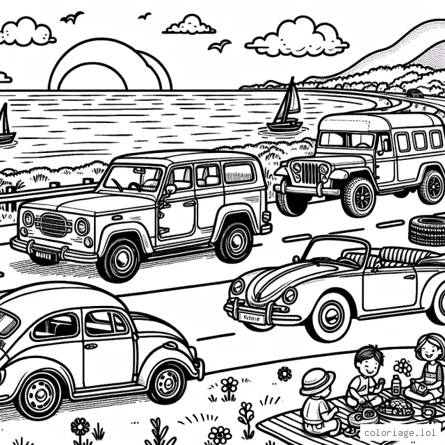 Imagine une scène incroyable de voitures classiques sur une route panoramique longeant la mer, avec un superbe coucher de soleil en toile de fond. Il y a plusieurs types de voitures comme une décapotable, une jeep, une limousine, et une voiture de sport. Il y a aussi des enfants qui font un pique-nique près de leur combi VW.
