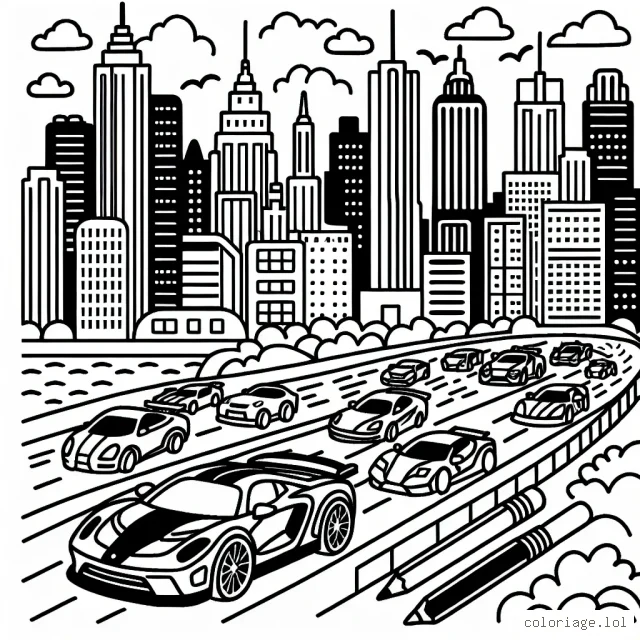 Dessine une course épique de voitures de sport à travers la ville animée.
