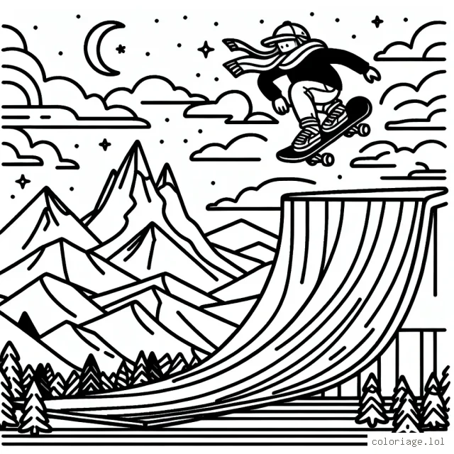Imagine une scène palpitante mettant en scène un courageux skater sautant sur une rampe gigantesque, les montagnes en arrière-plan, l'étoile du soir au-dessus.