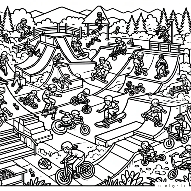 Un parc de sports extrêmes plein d'action et d'aventure, avec des enfants faisant du skateboard, du BMX, du roller et du motocross sur un parcours semé d'obstacles.