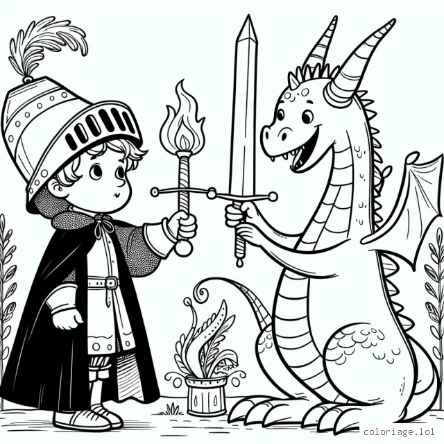 Un jeune chevalier courageux protège un dragon amical du méchant sorcier