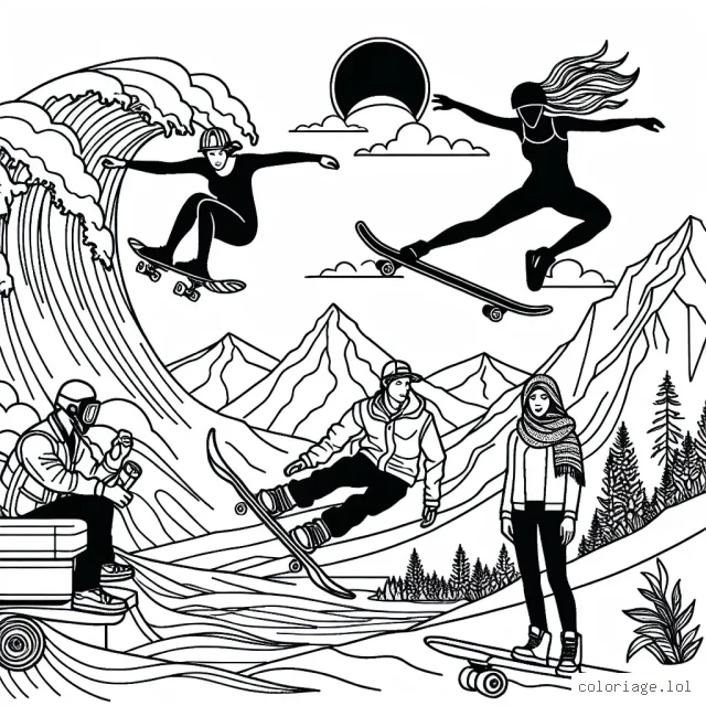 Sur la page de coloriage, dessinez un skateur professionnel effectuant un trick dans un demi-pipe, un surfeur sur une vague géante, un base jumper sur le point de sauter d'une falaise et un snowboardeur en action dans les montagnes. Ajoutez également des détails comme l'environnement autour d'eux pour rendre le coloriage plus attrayant.