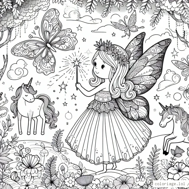 Une petite fée aux ailes détaillées qui éclaire un jardin enchanteur avec sa baguette magique, entourée de créatures fantastiques comme des licornes, des papillons enchantés et des arbres magiques.