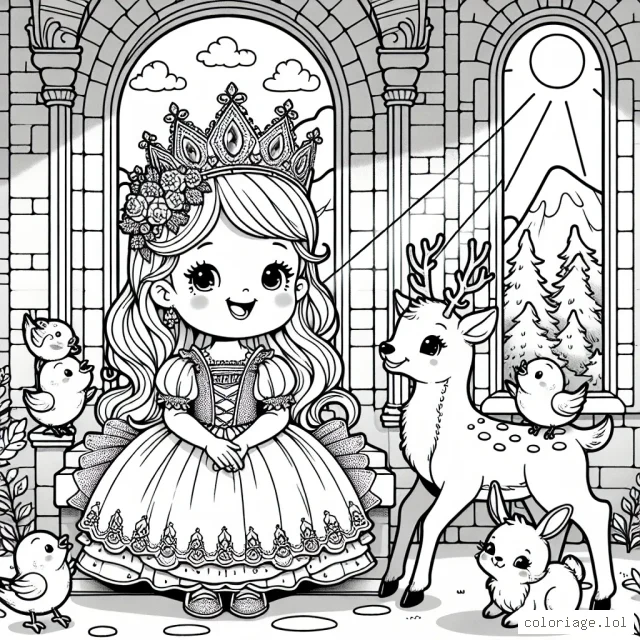 Une petite princesse visage souriant, portant une belle robe détaillée avec une couronne ornée de pierres précieuses, est assise sur un trône dans un immense château. Elle est entourée d'animaux de la forêt qui sont ses amis : des oiseaux chantant sur ses bras, un lapin espiègle qui joue à ses pieds et un cerf majestueux qui la regarde avec affection. Une journée ensoleillée illumine le château avec des rayons de soleil qui passent par de grandes fenêtres.