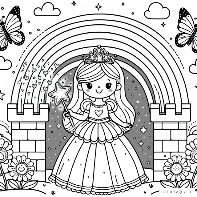 Une petite princesse se tient fièrement sur la tour de son château, tenant une baguette magique étincelante. Autour d'elle, des papillons aux couleurs vives volent, des fleurs éclatantes fleurissent sur les murs de la tour, et un arc-en-ciel magnifique s'étire dans le ciel derrière elle.